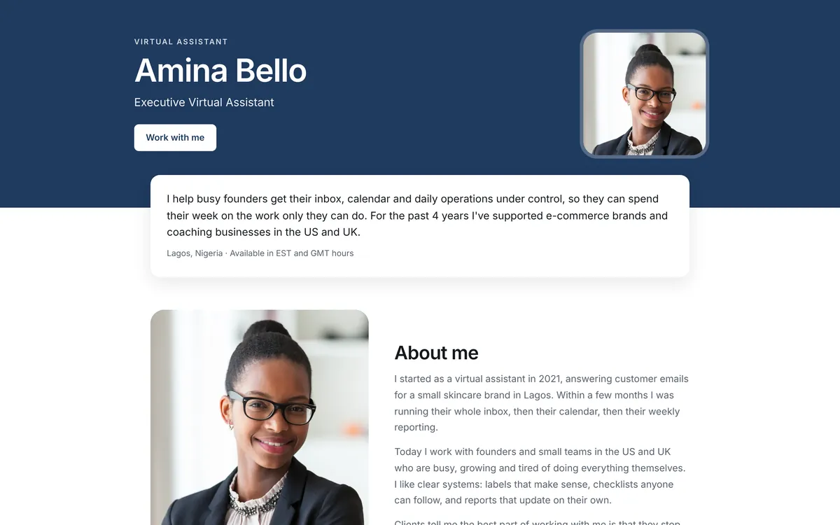 Bold template: a virtual assistant portfolio with a navy header, photo and Work with me button