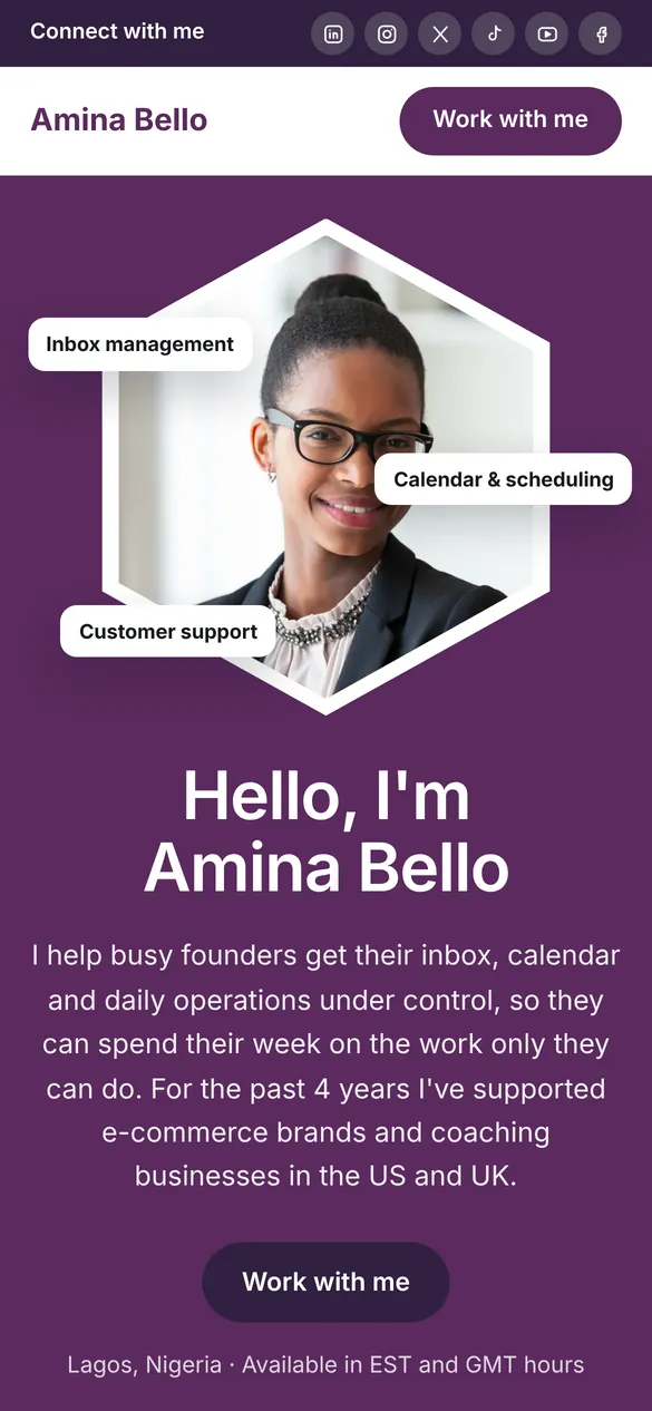 A published virtual assistant portfolio on a phone, using the Journal template