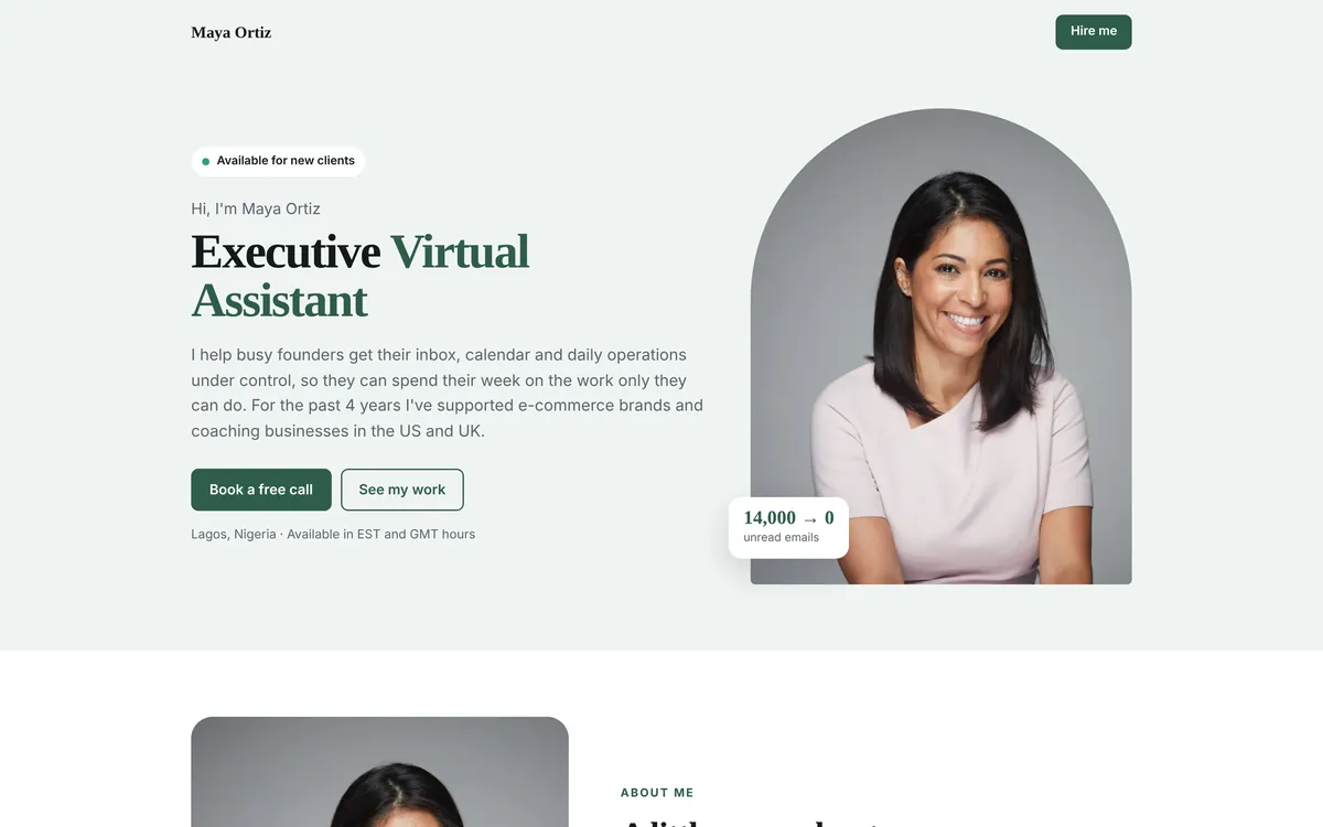 Spotlight template: a light virtual assistant portfolio with an arch-shaped photo