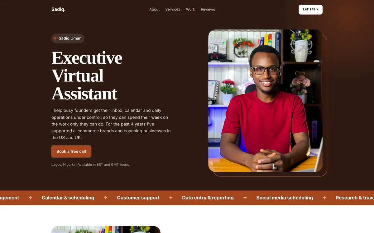 Studio template: a dark premium virtual assistant portfolio with a large headline