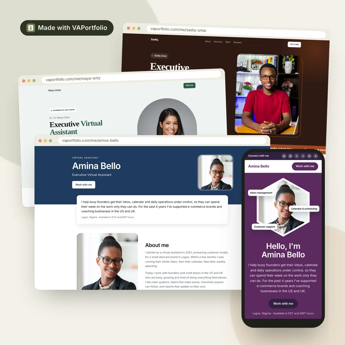 Examples of virtual assistant portfolios built with VAPortfolio, shown on desktop browsers and a phone
